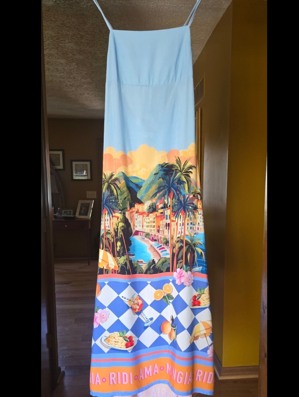 Viral Paper Heart Open Back Halter Maxi Dress Italy Tropical Print Mangia Foodie